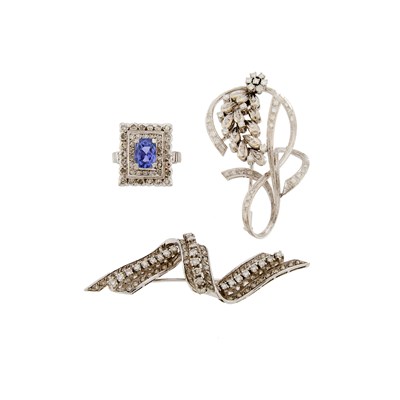 Lot 2076 - White Gold, Tanzanite and Diamond Ring and Two Brooches