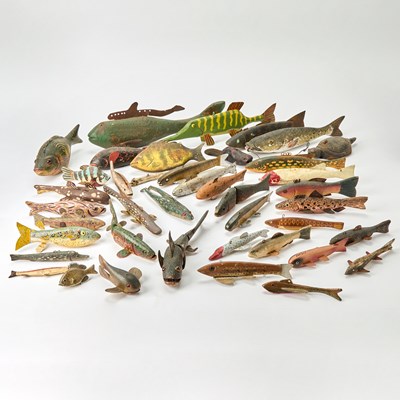 Lot 232 - Group of Folk Art Metal-Mounted Painted Wood Fish