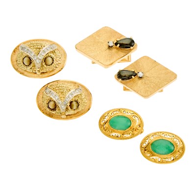 Lot 1218 - Three Pairs of Gold and Gem-Set Cufflinks