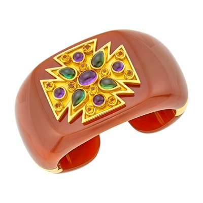 Lot 159 - Verdura Carnelian, Gold and Colored Stone 'Maltese Cross' Cuff Bangle Bracelet