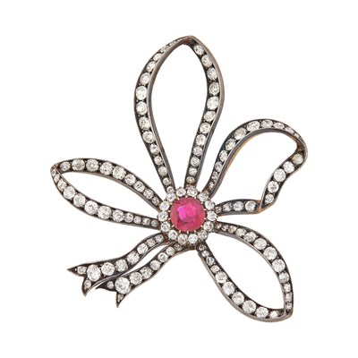 Lot 197 - Antique Silver, Gold, Ruby and Diamond Bow Brooch