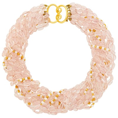 Lot 1032 - Verdura Thirteen Strand Tumbled Rose Quartz Bead, Freshwater Pearl and Gold Torsade Necklace