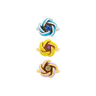 Lot 1039 - Nardi Three Yellow and White Gold, Multicolored Enamel and Colored Stone 'Mia' Rings