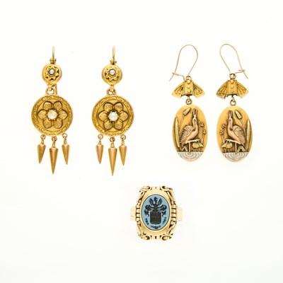 Lot 2128 - Two Pairs of Antique Gold, Silver-Gilt and Cultured Pearl Pendant-Earrings and Hardstone Intaglio Crest Ring