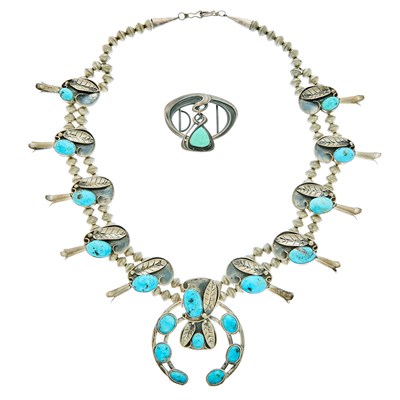 Lot 1233 - Silver and Turquoise Squash Blossom Necklace and Amazonite Belt Buckle