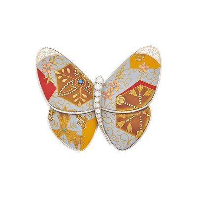 Lot 170 - Van Cleef & Arpels White Gold, Mother-of-Pearl, Lacquer and Diamond 'Karakusa' Butterfly Clip-Brooch, France
