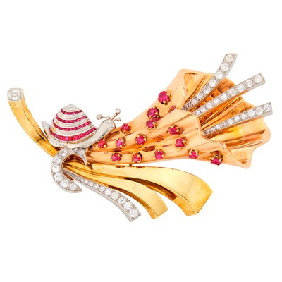Lot 243 - Tiffany & Co. Two-Color Gold, Platinum, Ruby and Diamond Snail and Flower Clip-Brooch