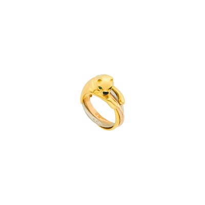 Lot 23 - Cartier Tricolor Gold, Emerald and Black Onyx Panthère Ring