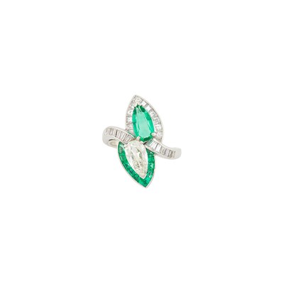 Lot 231 - Oscar Heyman & Brothers Platinum, Diamond and Emerald Crossover Ring