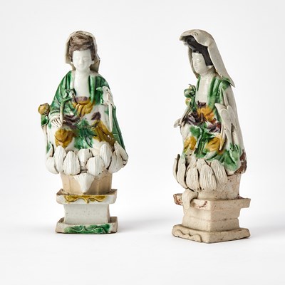 Lot 115 - A Pair of Chinese Glazed Biscuit Porcelain Figures of Guanyin