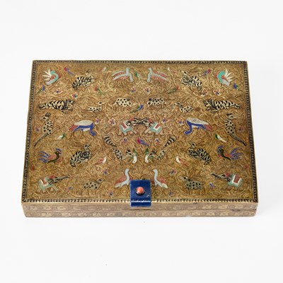 Lot 152 - Cartier Art Deco Gilt and Enameled Metal, Lapis Lazuli and Coral Vanity Case