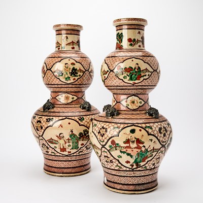 Lot 124 - A Large and Unusual Pair of Chinese Wucai Double Gourd Vases
