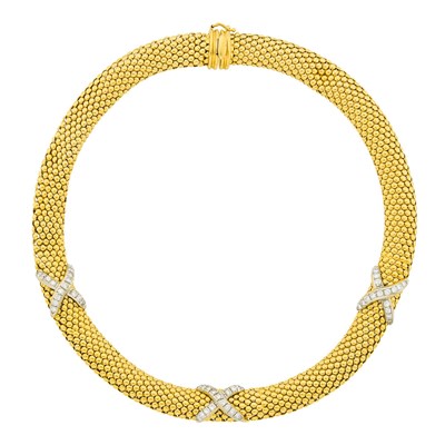 Lot 1061 - Two-Color Gold and Diamond 'X' Necklace