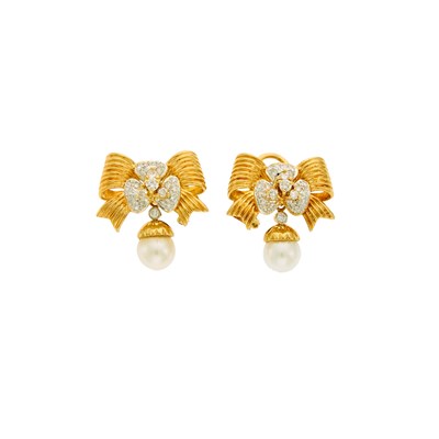 Lot 1082 - Pair of Two-Color Gold, Diamond and Cultured Pearl Bow Pendant-Earclips