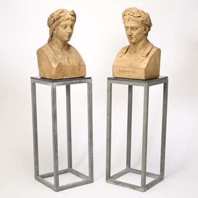 Lot 314 - Pair of Large Glazed Terracotta Busts of Virgil and Augustus on Steel and Marble Stands