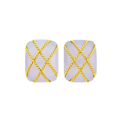 Lot 40 - Seaman Schepps Pair of Gold and Blue Chalcedony 'Cage' Earclips
