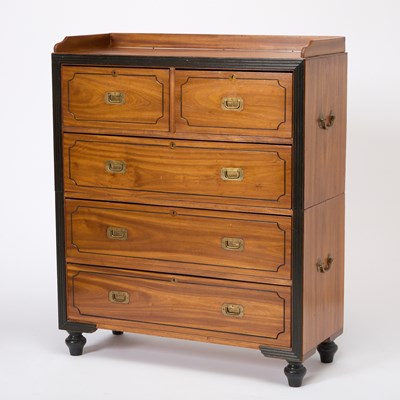 Lot 166 - British Colonial Brass Inlaid and Part Ebonized Mahogany Campaign Chest of Drawers