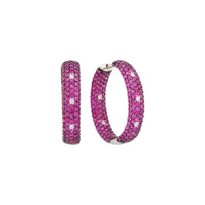 Lot 59 - Pair of Two-Color Gold, Ruby and Diamond Hoop Earrings