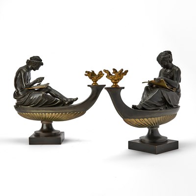 Lot 210 - Pair of Louis XVI Style Gilt and Patinated Bronze Figural Oil Lamps