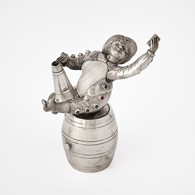 Lot 265 - Continental Glass-Inset Silver and Shell Figure of a Merry Man Seated on a Barrel