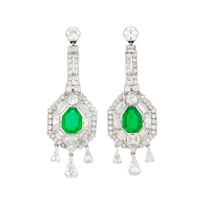 Lot 227 - Pair of Platinum, Emerald and Diamond Pendant-Earrings