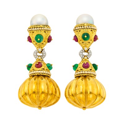 Lot 1009 - Pair of Two-Color Gold, Semi-Baroque Cultured Pearl, Ruby and Emerald Bead and Diamond Pendant-Earclips