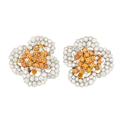 Lot 300 - Oscar Heyman & Brothers Pair of Platinum, Fancy Colored Diamond and Diamond Flower Earclips