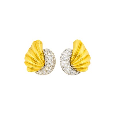 Lot 1028 - Pair of Two-Color Gold and Diamond Earclips