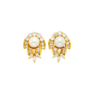 Lot 1042 - Pair of Gold, Cultured Pearl and Diamond Earclips