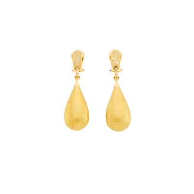 Lot 1194 - Pair of Gold and Diamond Pendant-Earrings