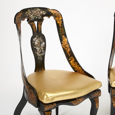 Lot 156 - Pair of Victorian Mother-of-Pearl Inlaid Gilt and Black Lacquer Side Chairs