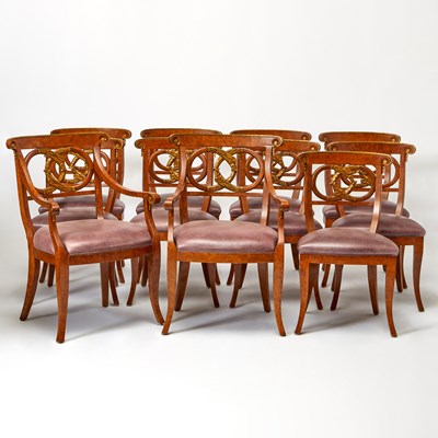 Lot 680 - Set of Twelve Russian Neoclassical Style Parcel Gilt Karelian, Birchwood Dining Chairs