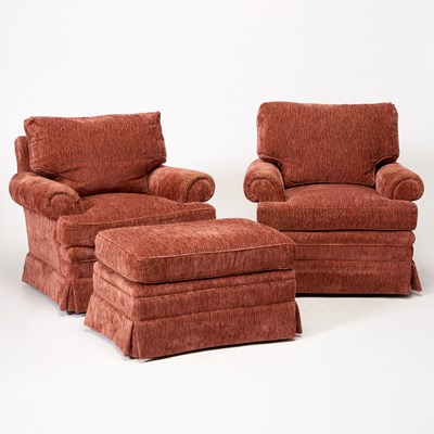 Lot 312 - Pair of Velveteen Upholstered Swivel Club Chairs and Ottoman