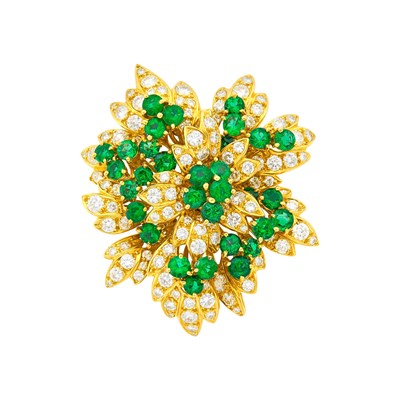 Lot 255 - Hammerman Brothers Gold, Emerald and Diamond Flower Clip-Brooch