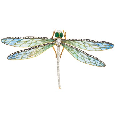 Lot 193 - Edgar Bense Gold, Silver, Platinum, Plique-à-Jour Enamel and Diamond Dragonfly 'En Tremblant' Brooch, France
