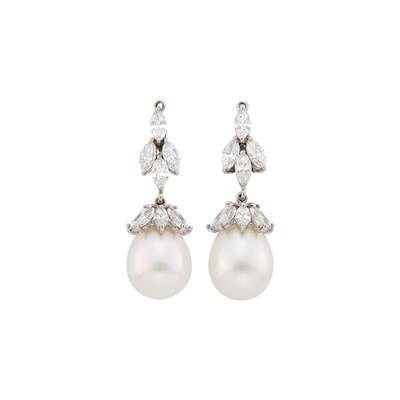 Lot 1088 - Pair of Platinum, Cultured Pearl and Diamond Ear Pendants