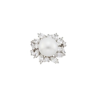 Lot 1091 - Platinum, South Sea Cultured Pearl and Diamond Ring