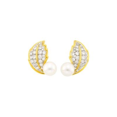 Lot 61 - Hammerman Brothers Pair of Gold, Platinum, Cultured Pearl and Diamond Earclips