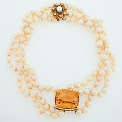 Lot 1177 - Triple Strand Cultured Pearl, Gold and Citrine Necklace with Gold, Cultured Pearl, Sapphire and Diamond Flower Clasp