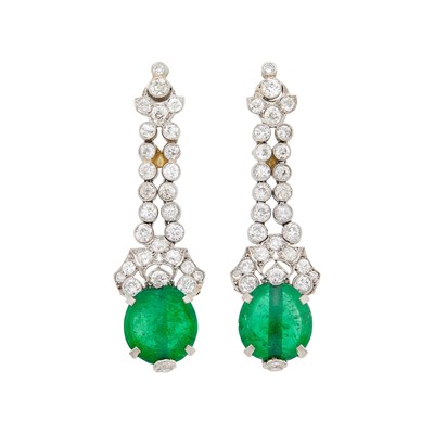 Lot 60 - Pair of Platinum, Diamond and Cabochon Emerald Bead Pendant-Earclips