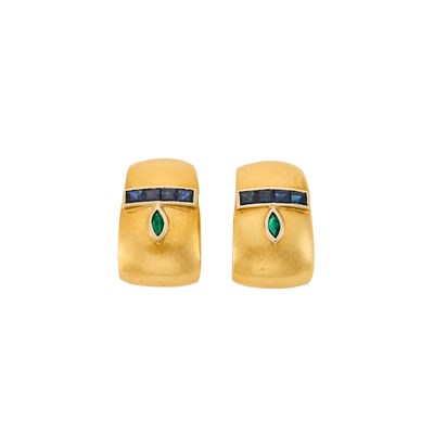 Lot 1185 - Gold, Sapphire and Emerald Earclips
