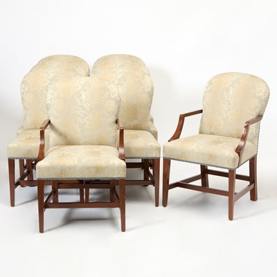 Lot 3129 - Set of Eight George III Style Upholstered Mahogany Dining Chairs