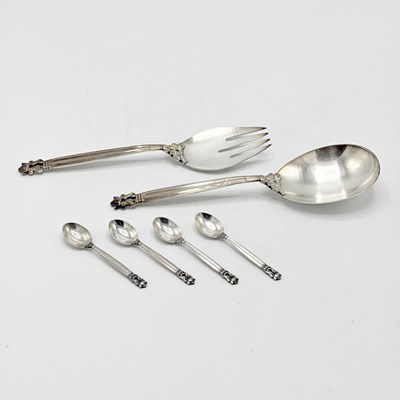 Lot 1144 - Pair of Georg Jensen Sterling Silver "Acorn" Pattern Salad Servers and Four Demitasse Spoons
