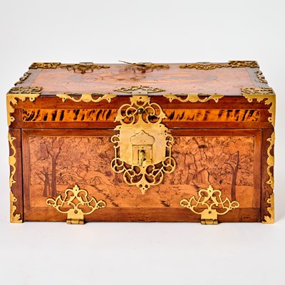 Lot 515 - German Baroque Style Brass-Mounted Fruitwood Marquetry Burl Walnut Strong Box