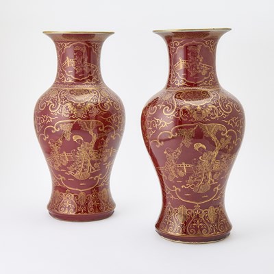 Lot 440 - A Pair of Chinese Red Glazed Gilt-Decorated Porcelain Vases