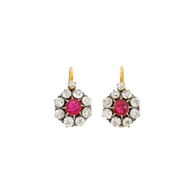 Lot 30 - Pair of Antique Silver, Gold, Ruby and Diamond-Pendant Earrings