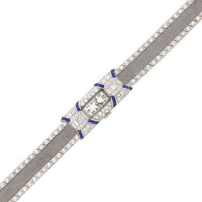 Lot 221 - Platinum, Diamond and Sapphire Mesh Wristwatch