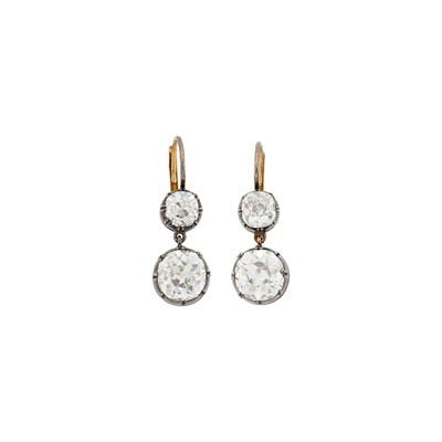 Lot 194 - Pair of Silver, Gold and Diamond Pendant-Earrings with Etruscan Revival Gold Coach Covers