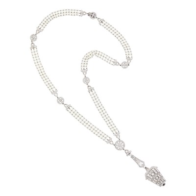 Lot 205 - Platinum, Pearl and Diamond Pendant-Watch Necklace
