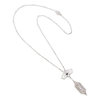Lot 278 - Platinum, Diamond and Black Onyx Pendant-Watch Necklace